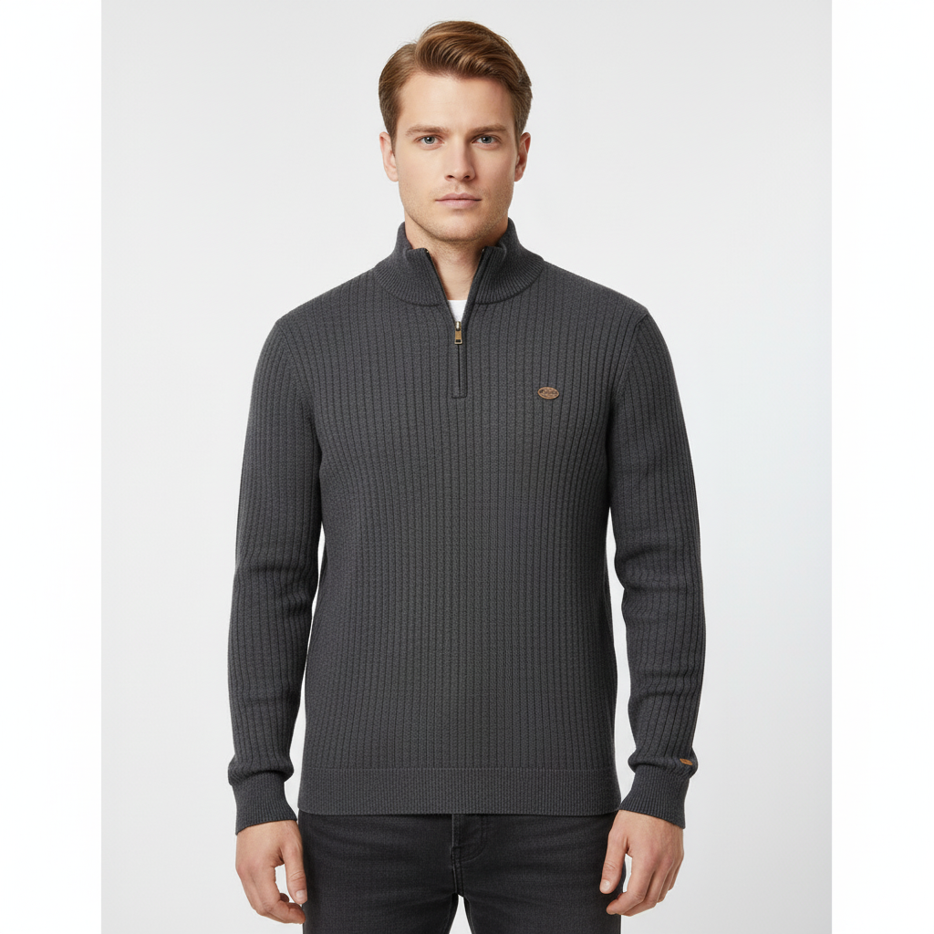 Men's Raised Collar Textured Half-Zip Knit Pullover