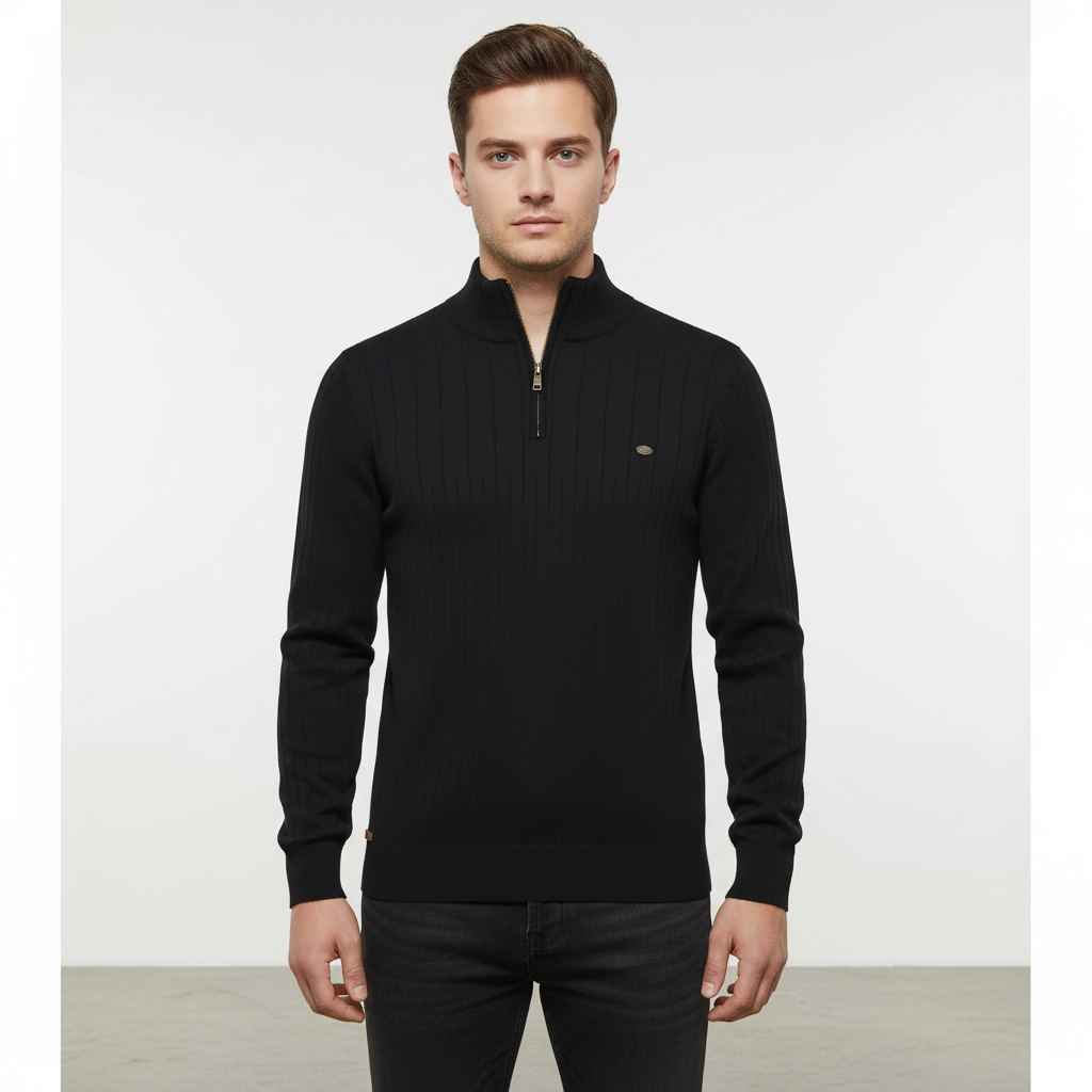Men's Raised Collar Textured Half-Zip Knit Pullover