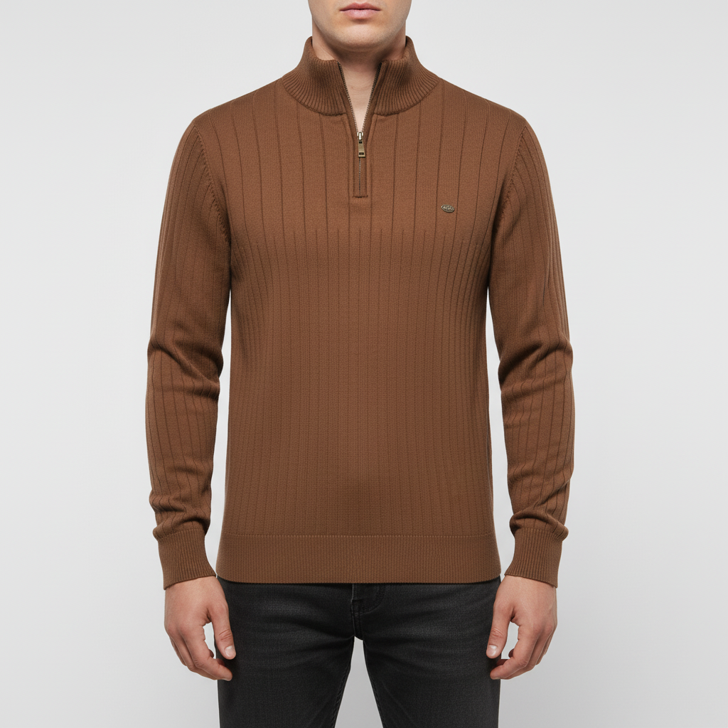 Men's Raised Collar Textured Half-Zip Knit Pullover