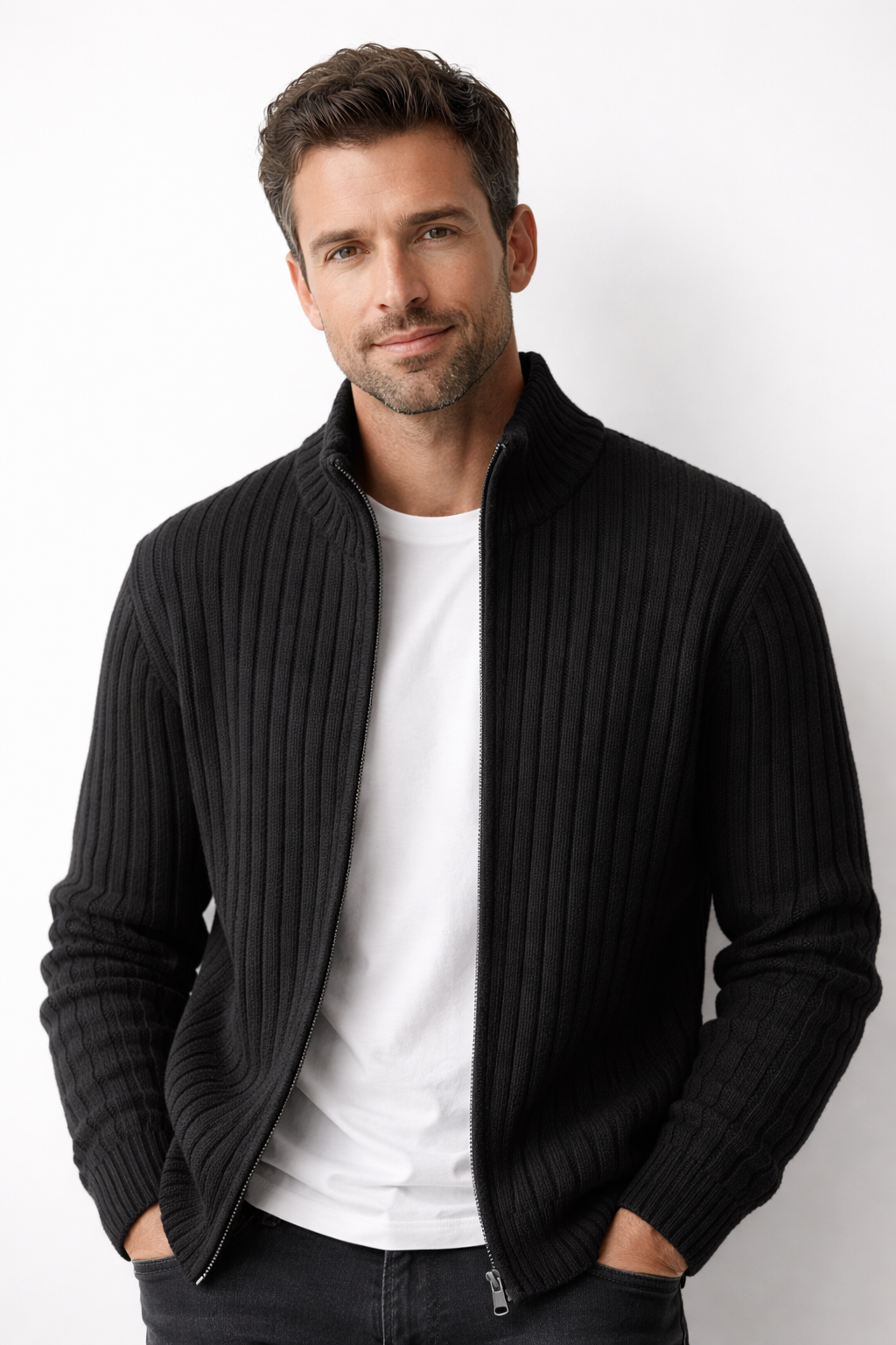 Men's Stand Collar Zip-Through Knit Jacket