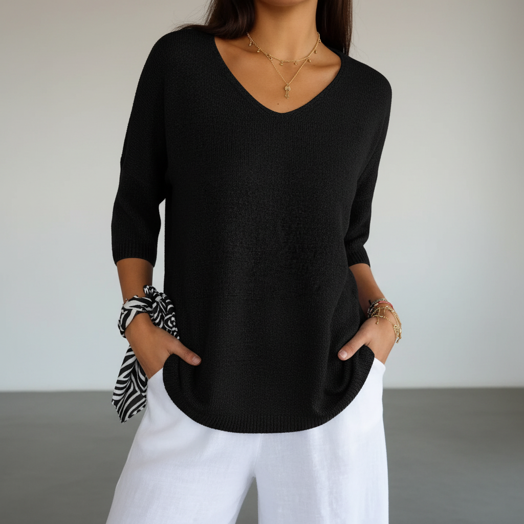 Women's Lightweight Relaxed V-Neck Knitted Top
