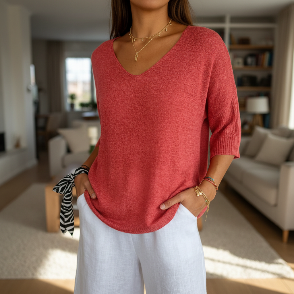 Women's Lightweight Relaxed V-Neck Knitted Top