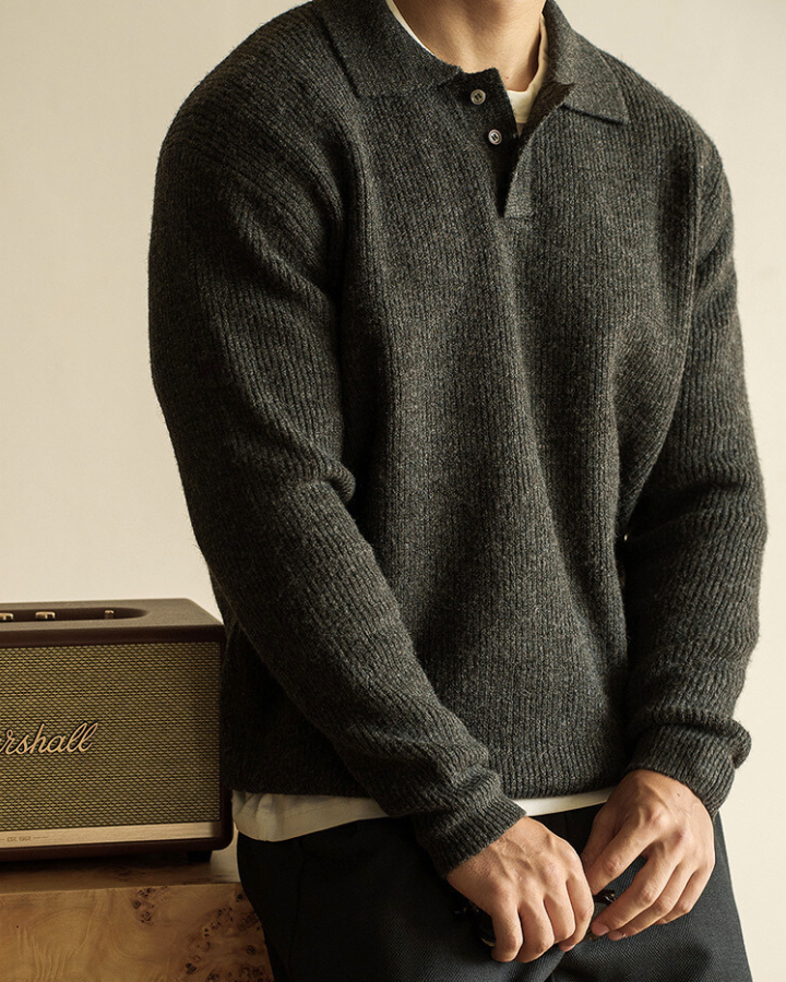 Men's Buttoned Ribbed Roll Neck Pullover