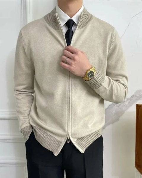 Men's Full-Zip Knitted Cardigan with Stand Collar