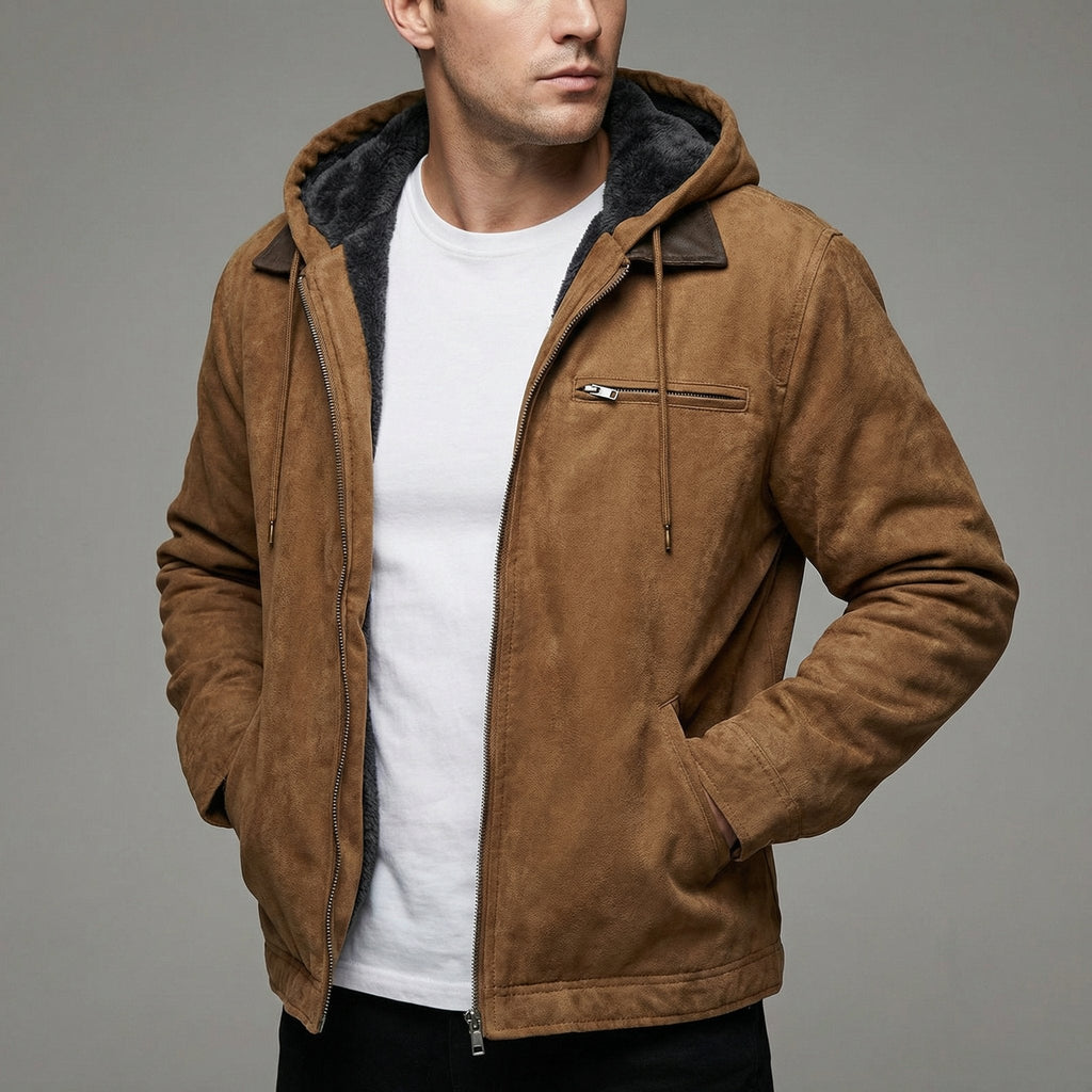 Men's Suede-Effect Fleece-Lined Hooded Jacket
