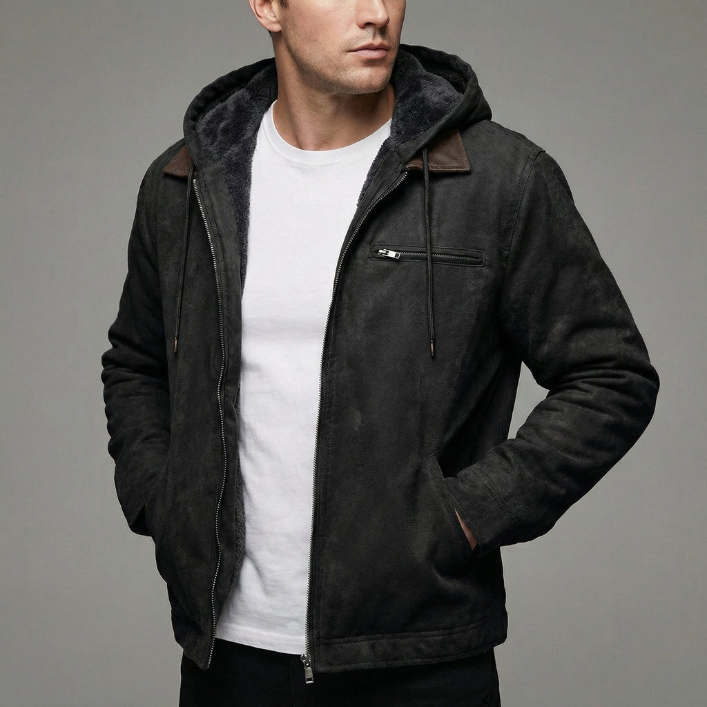 Men's Suede-Effect Fleece-Lined Hooded Jacket