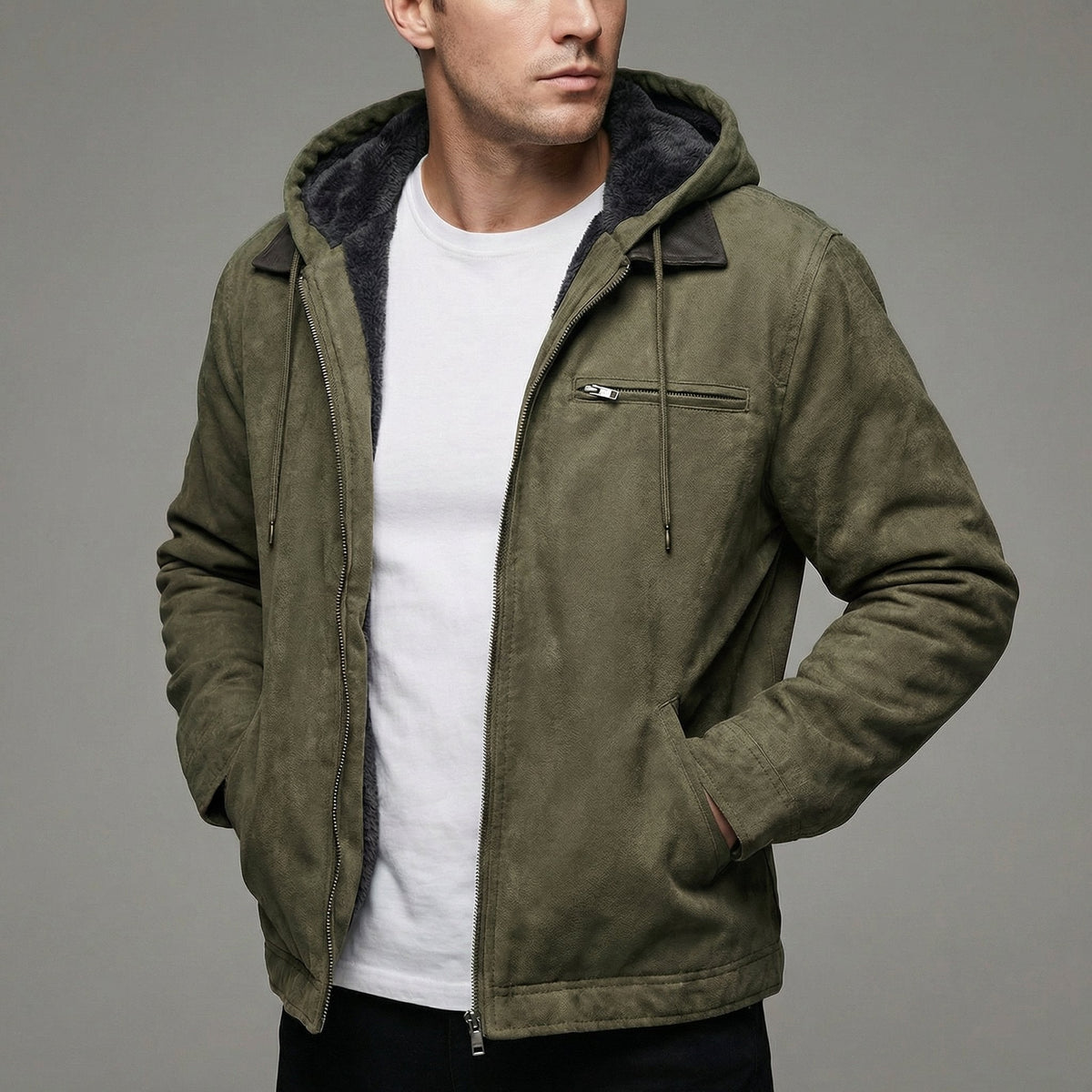 Men's Suede-Effect Fleece-Lined Hooded Jacket