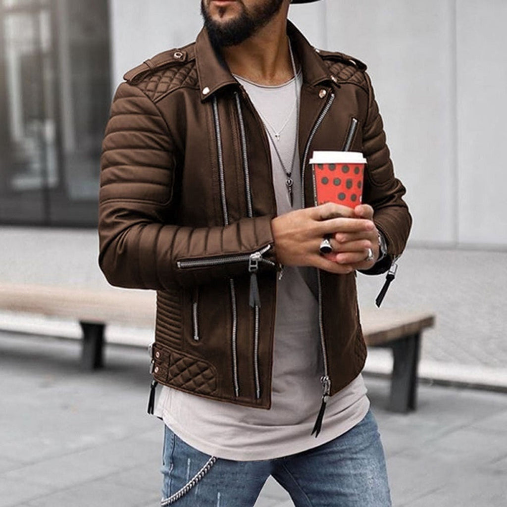 Men's Padded Leather Zip-Up Biker Jacket