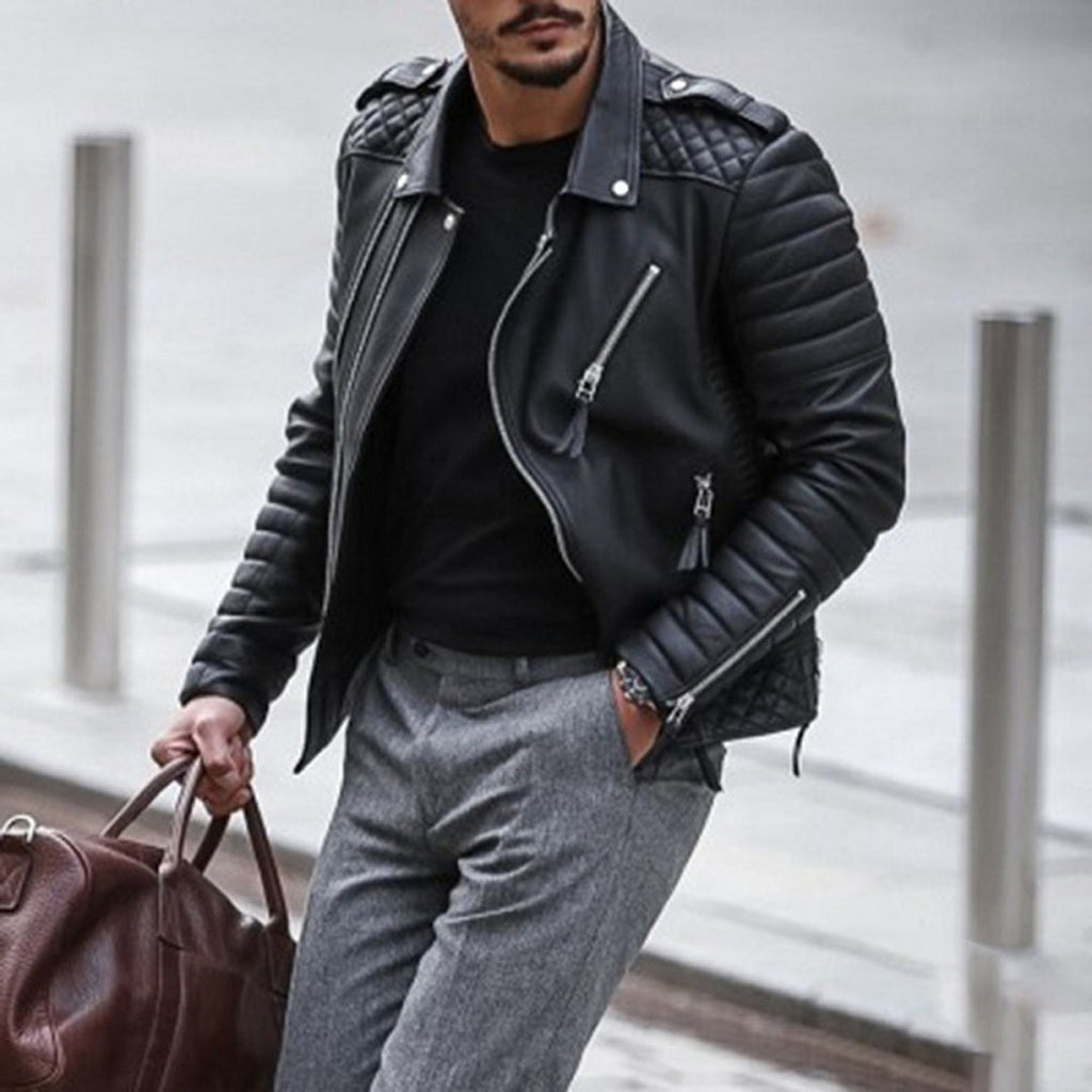 Men's Padded Leather Zip-Up Biker Jacket