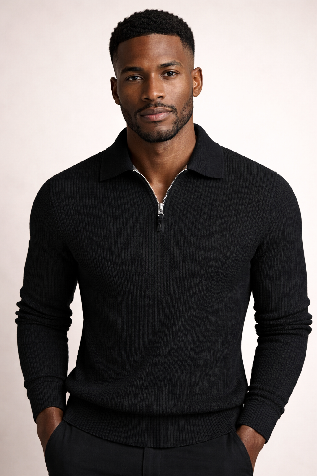 Men's Collared Rib Knit Quarter-Zip Pullover
