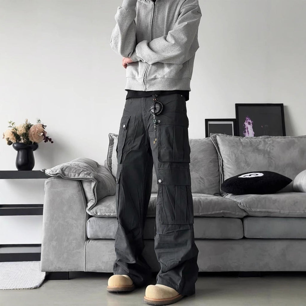 Men's Wide-Leg Utility Cargo Trousers with Multiple Pockets