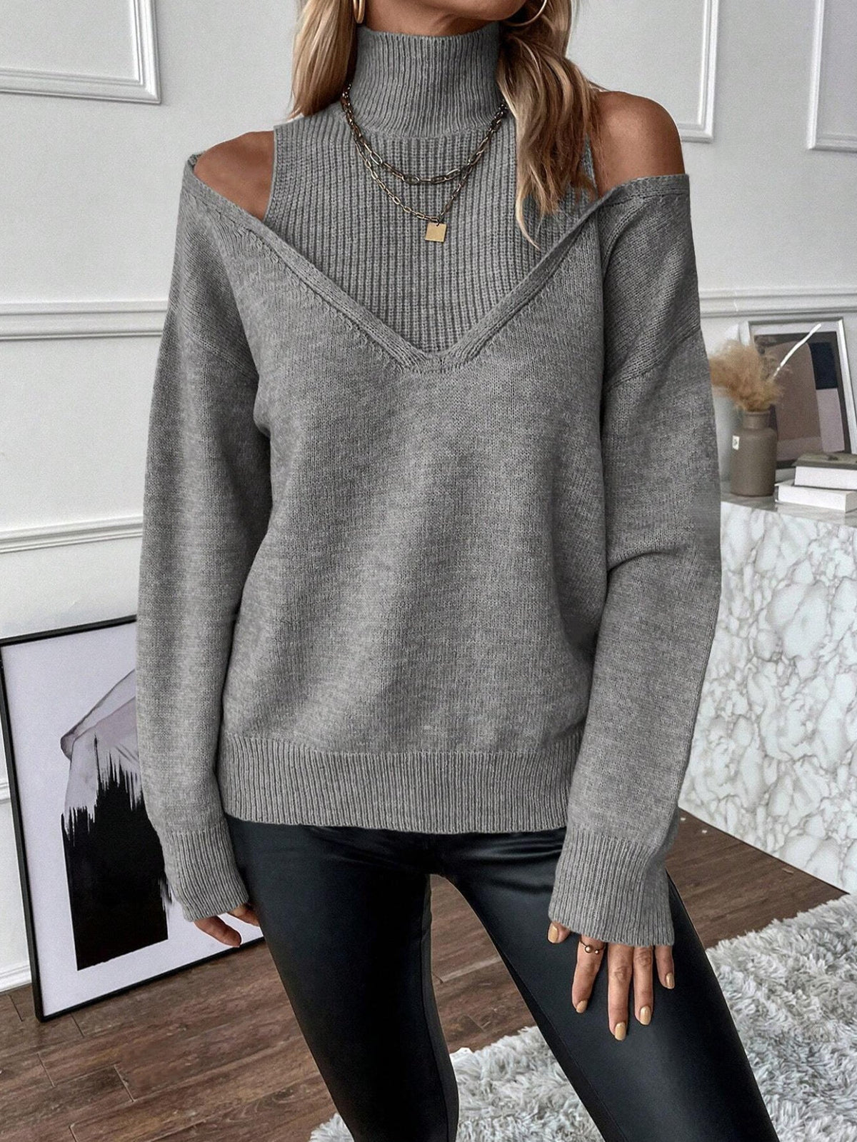 Women's Layered Cold-Shoulder Polo Neck Pullover