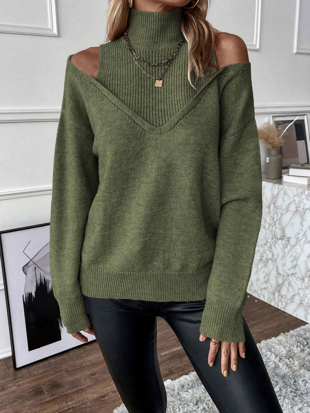 Women's Layered Cold-Shoulder Polo Neck Pullover