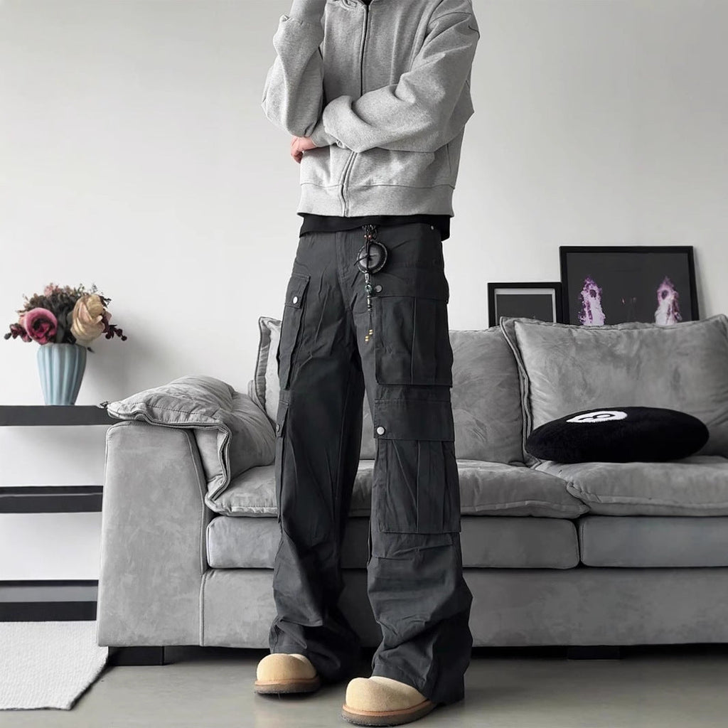Men's Wide-Leg Utility Cargo Trousers with Multiple Pockets