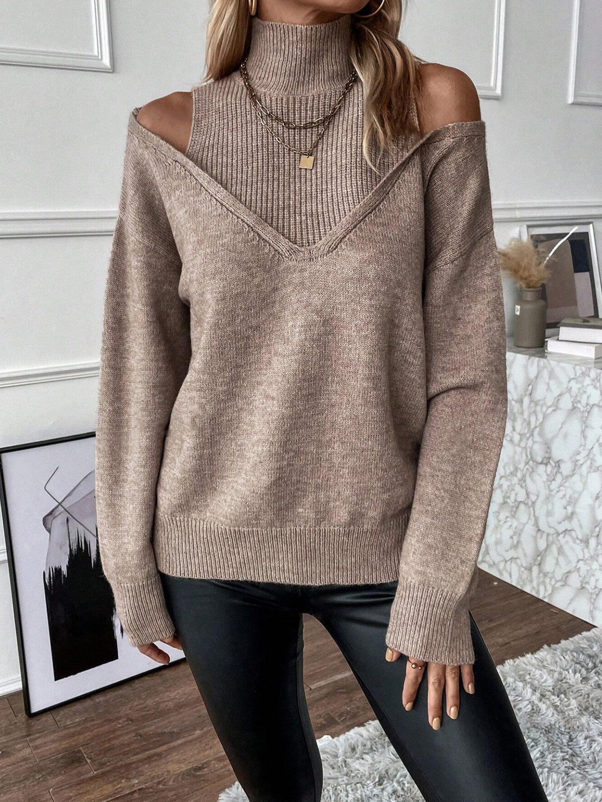 Women's Layered Cold-Shoulder Polo Neck Pullover