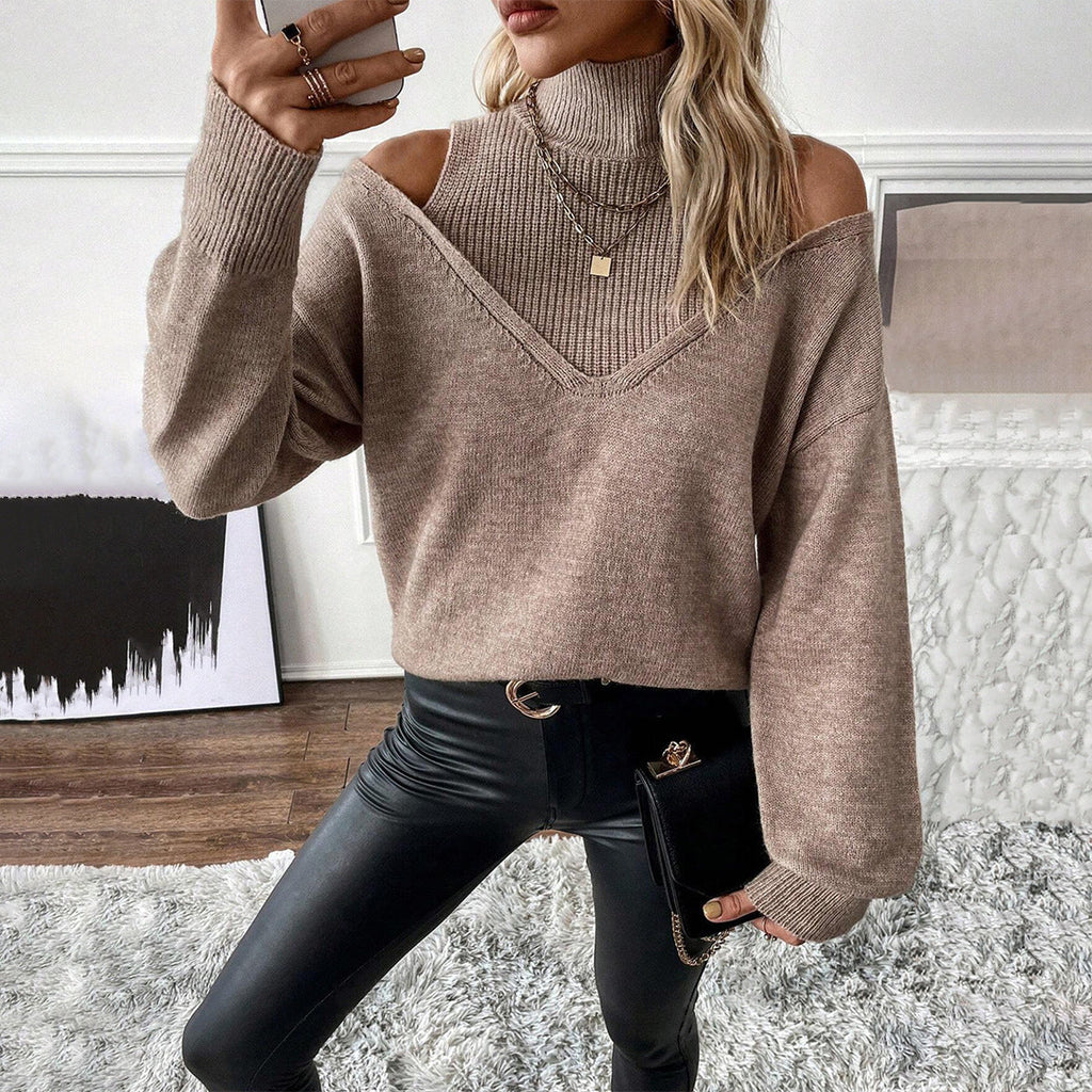 Women's Layered Cold-Shoulder Polo Neck Pullover