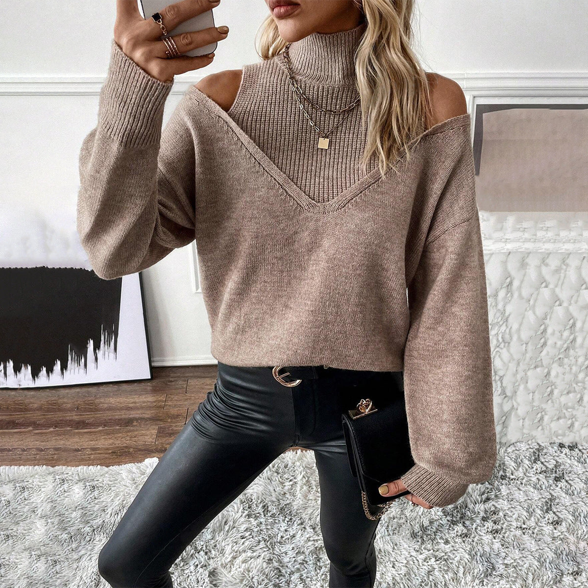 Women's Layered Cold-Shoulder Polo Neck Pullover