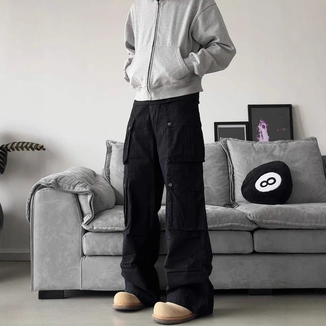 Men's Wide-Leg Utility Cargo Trousers with Multiple Pockets
