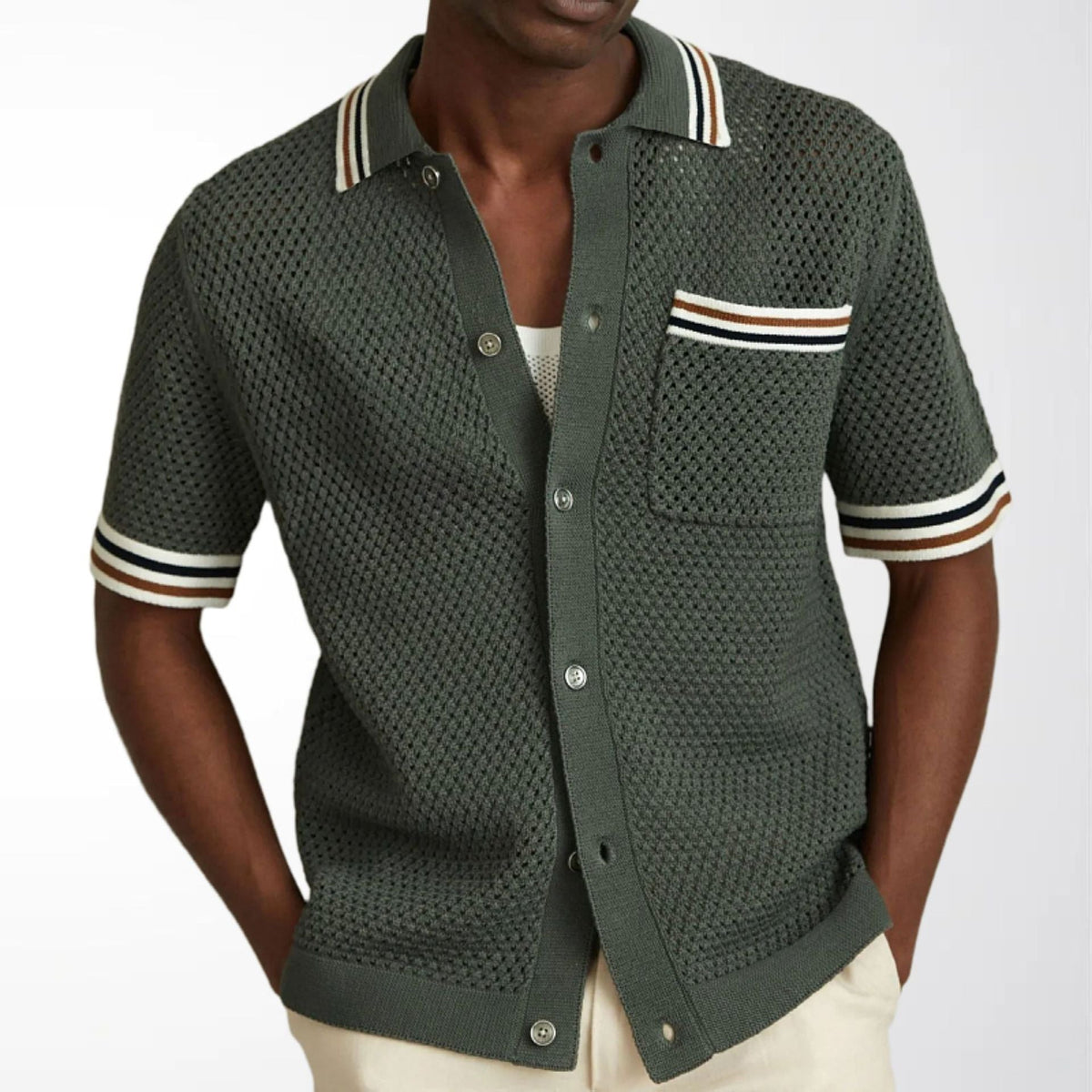 Men's Stripe Trim Textured Knitted Polo
