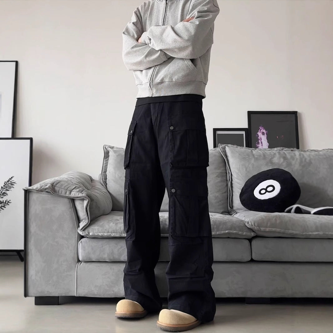Men's Wide-Leg Utility Cargo Trousers with Multiple Pockets