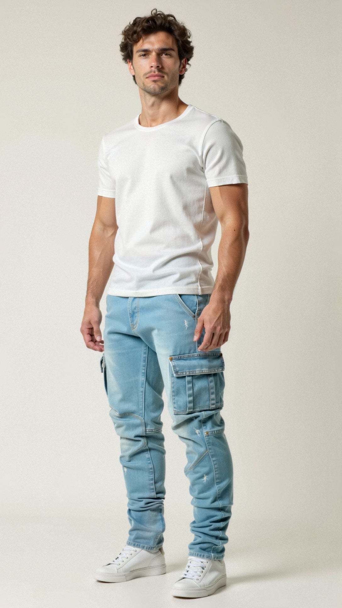 Men's Tapered Slim-Fit Cargo Denim Trousers
