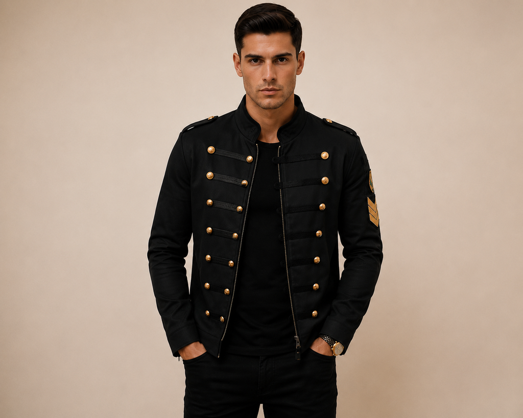 Men's Military Button Detail Stand Collar Jacket