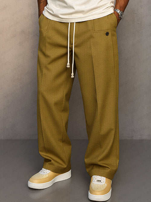 Men's Casual Pleated Drawstring Wide-Leg Trousers