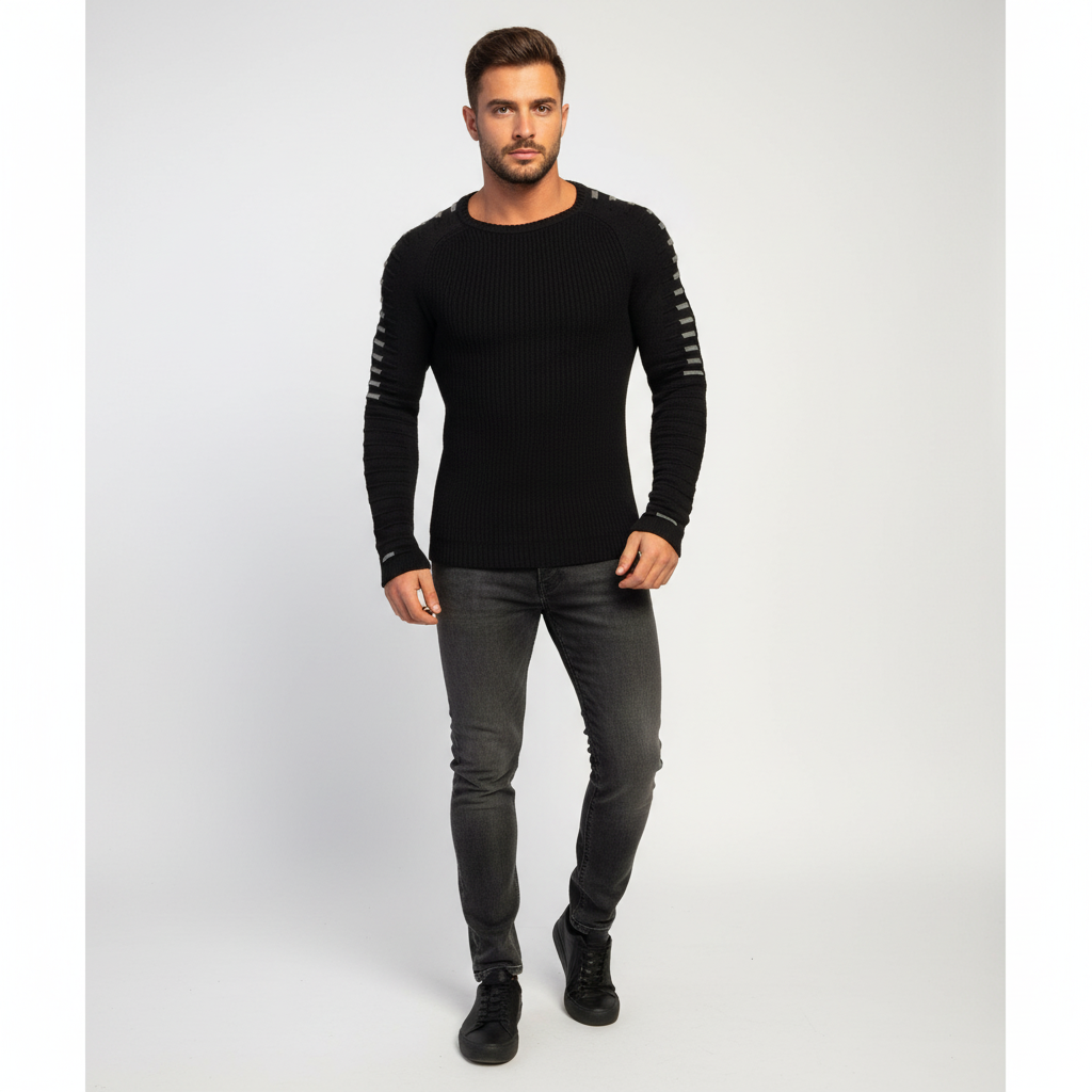 Men's Printed Sleeve Ribbed Crew Neck Pullover