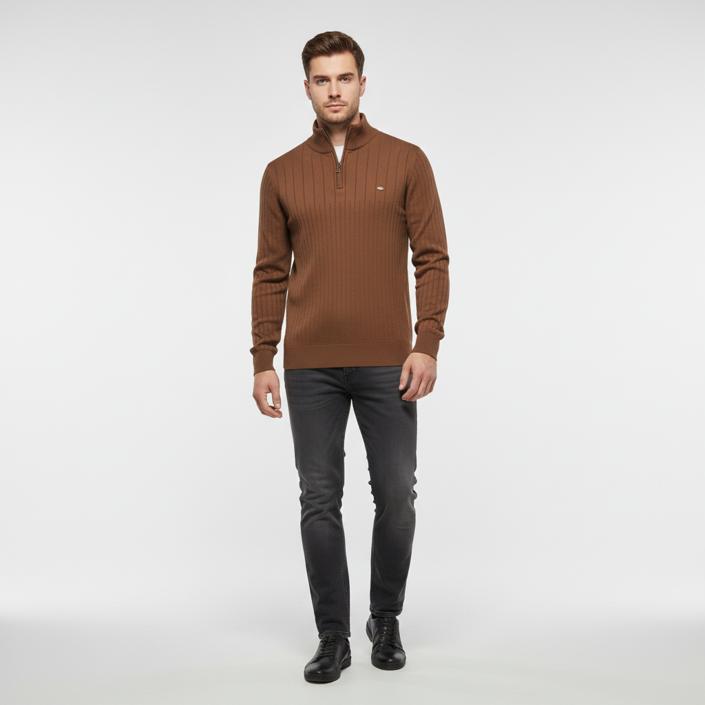Men's Rib-Knit Funnel Neck Quarter-Zip Jumper