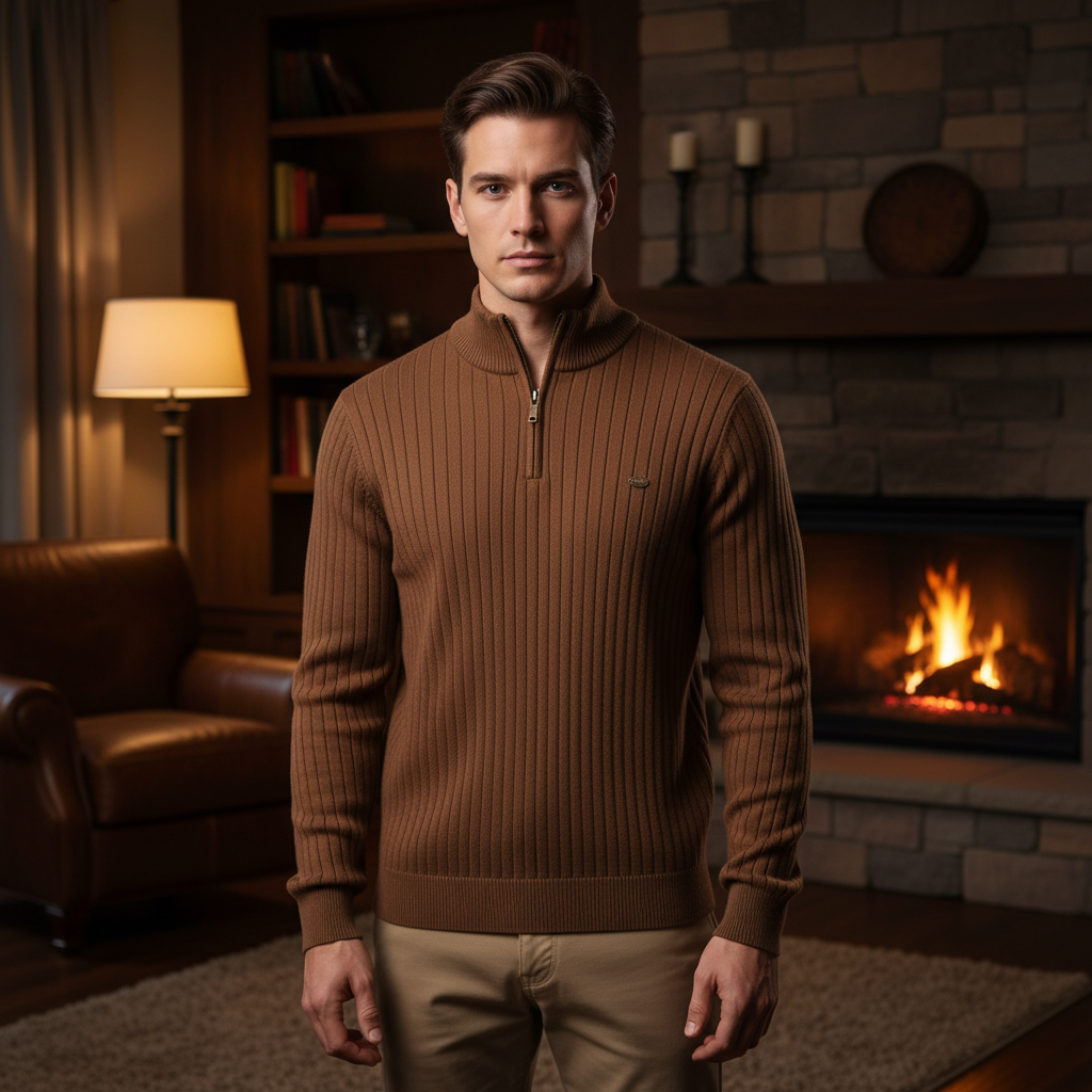 Men's Rib-Knit Funnel Neck Quarter-Zip Jumper