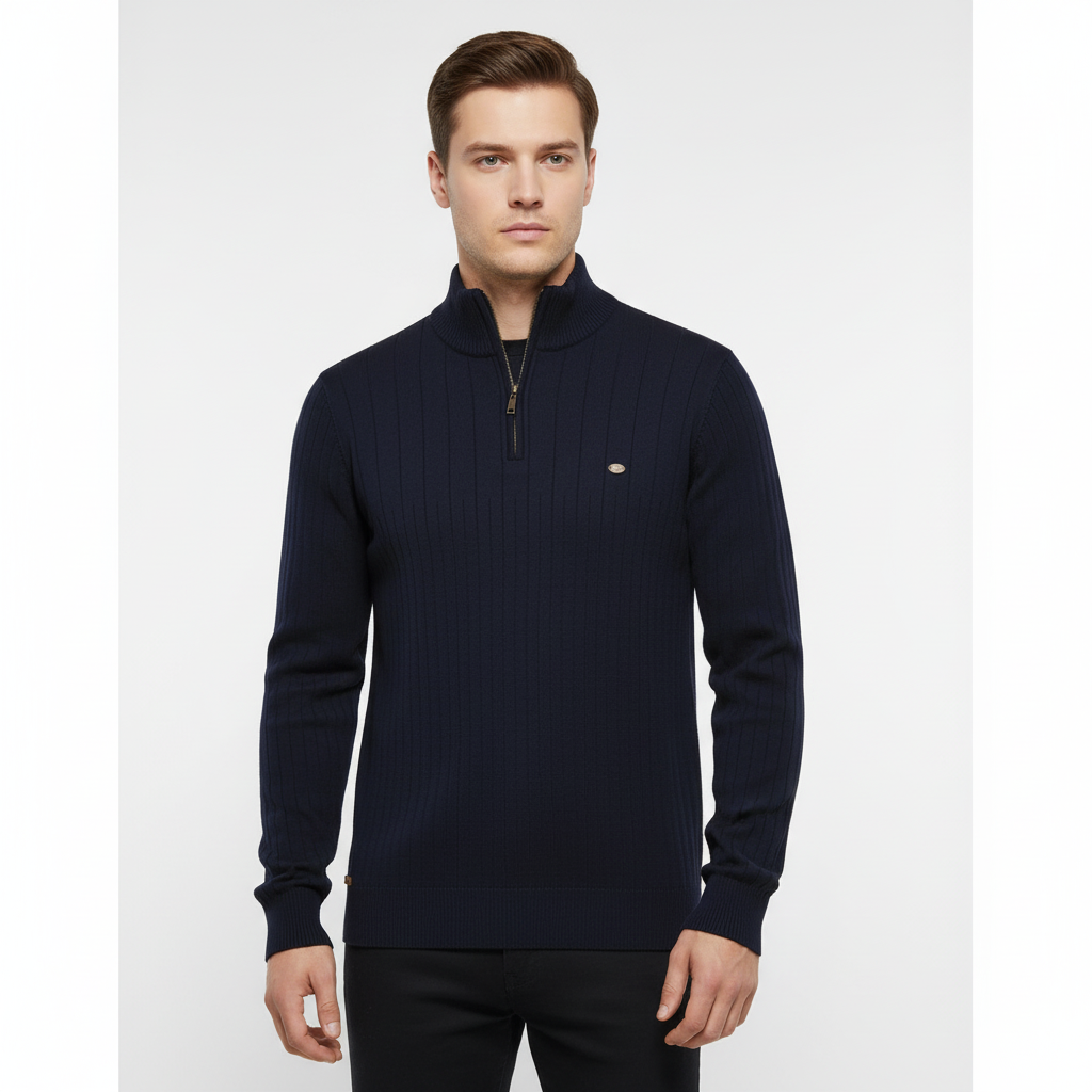 Men's Rib-Knit Funnel Neck Quarter-Zip Jumper