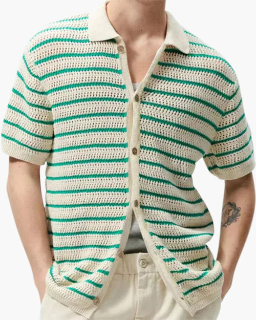 Men's Button-Through Striped Crochet Polo