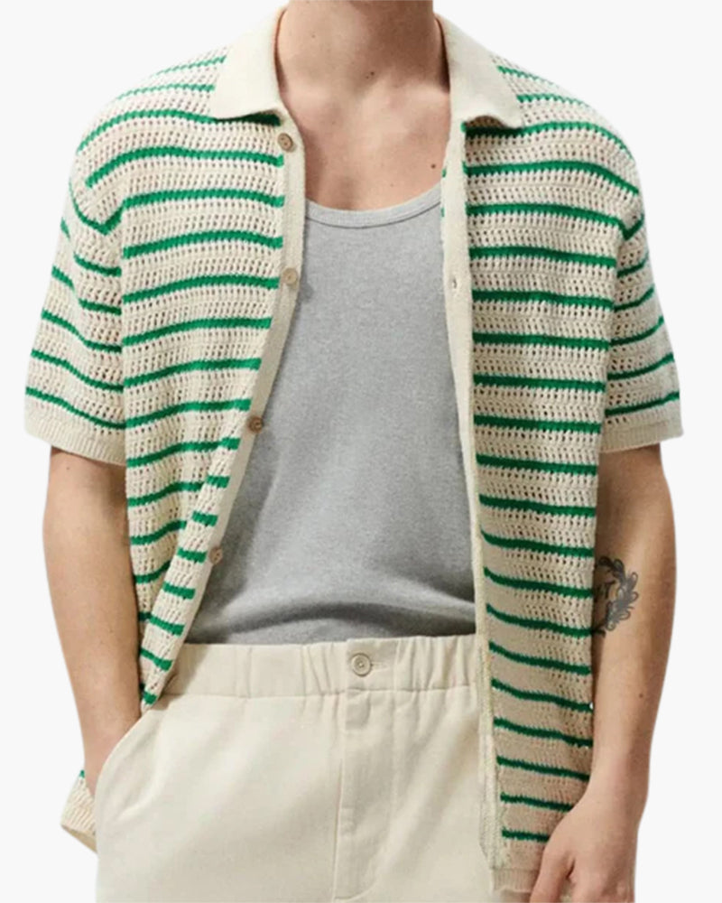 Men's Button-Through Striped Crochet Polo