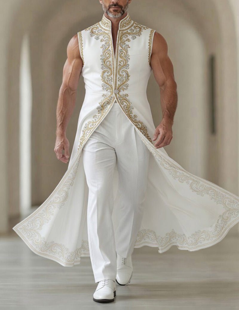 Men's Printed Mandarin Collar Sleeveless Tailcoat