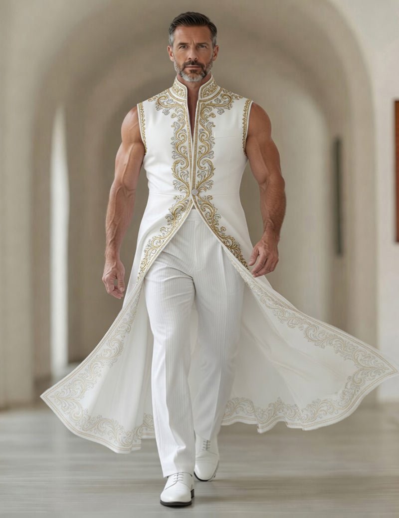 Men's Printed Mandarin Collar Sleeveless Tailcoat