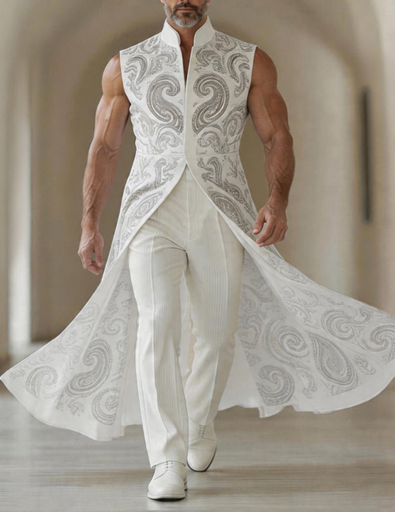 Men's Printed Mandarin Collar Sleeveless Tailcoat