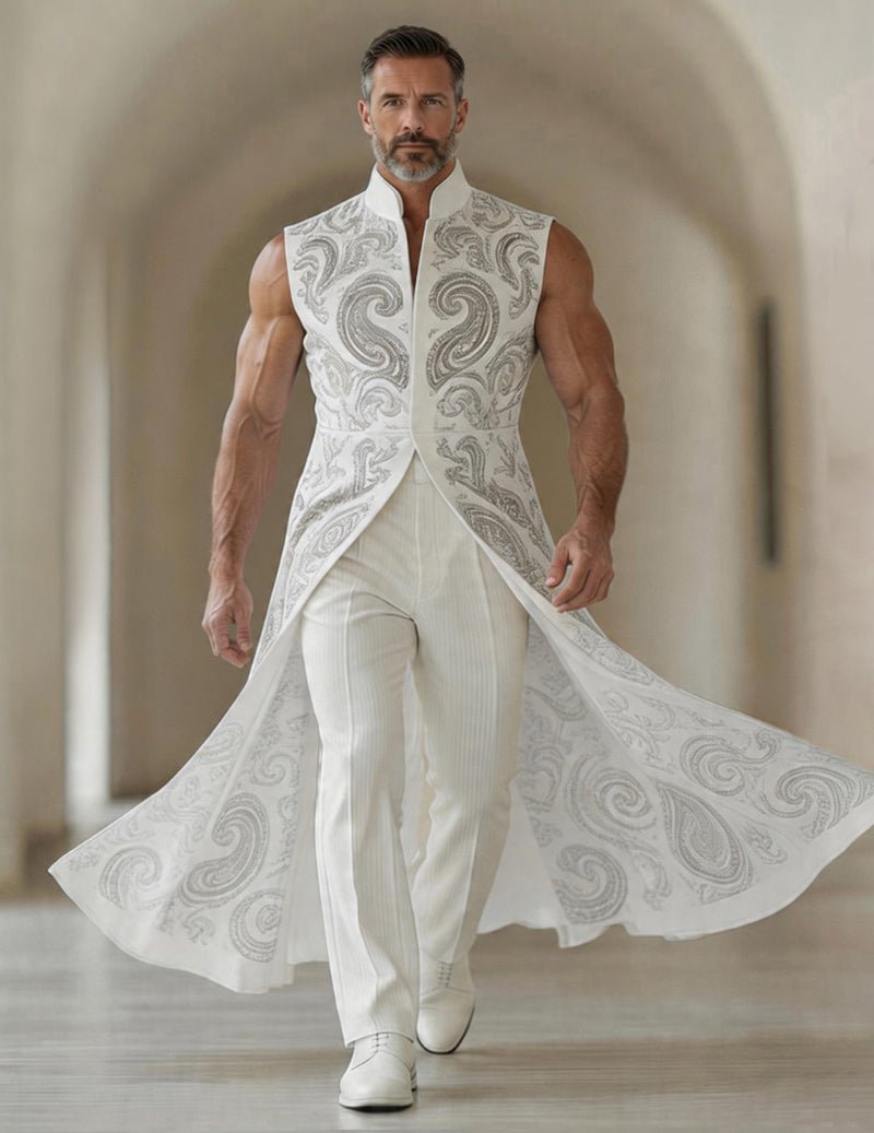 Men's Printed Mandarin Collar Sleeveless Tailcoat