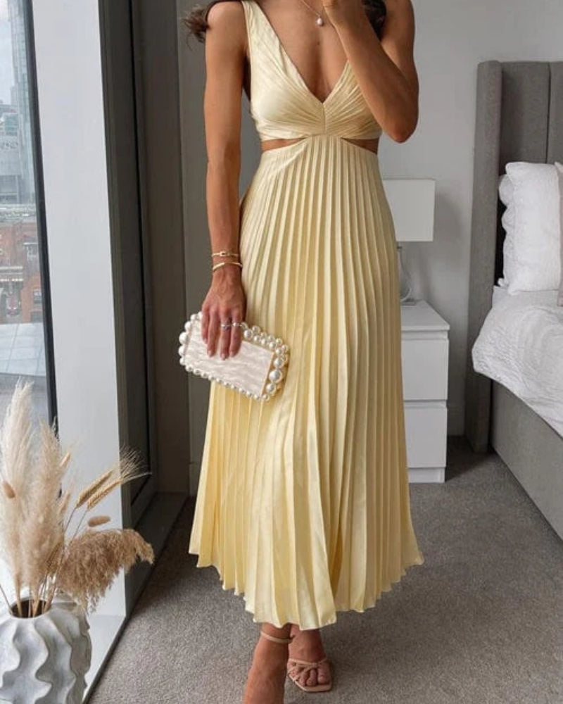 Women's V-Neck Cut-Out Pleated Midi Dress