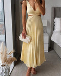 Women's V-Neck Cut-Out Pleated Midi Dress