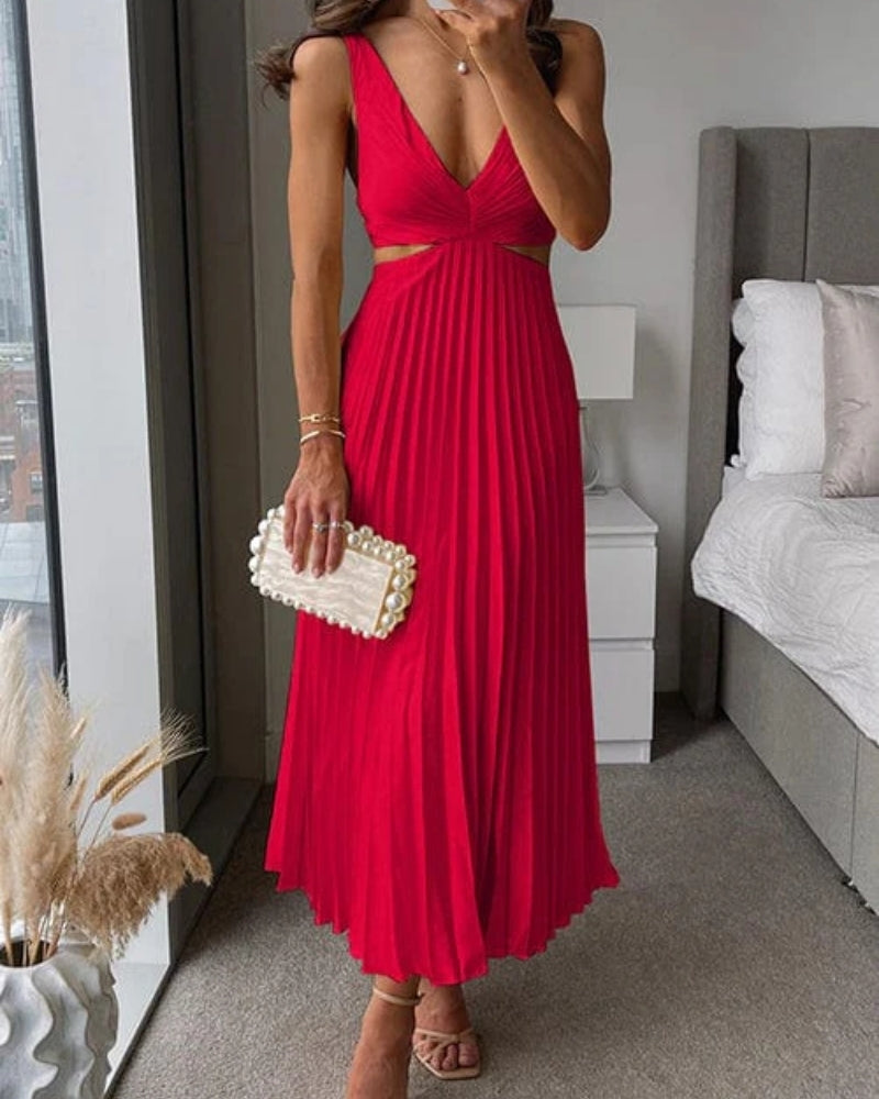Women's V-Neck Cut-Out Pleated Midi Dress