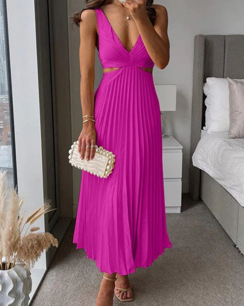 Women's V-Neck Cut-Out Pleated Midi Dress