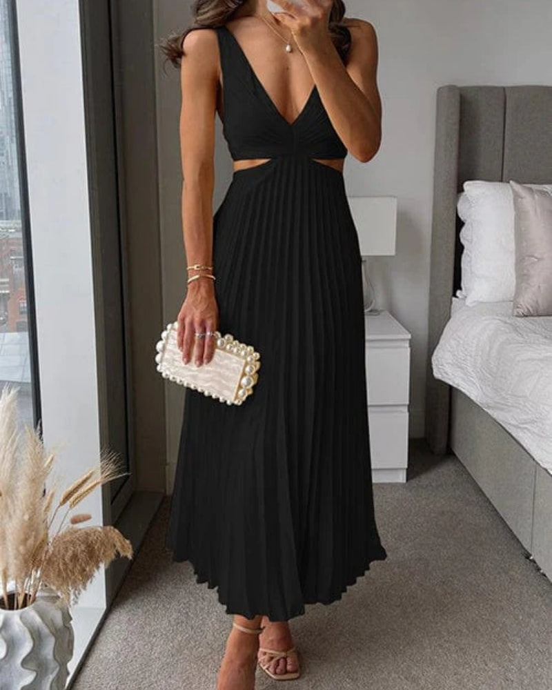 Women's V-Neck Cut-Out Pleated Midi Dress
