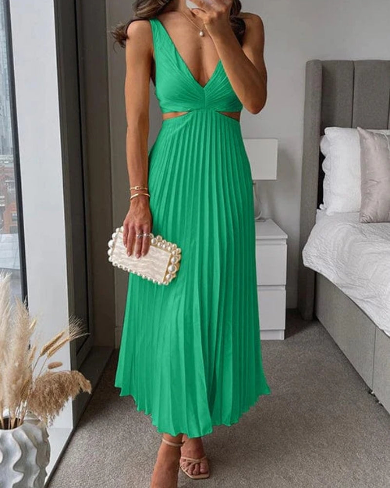 Women's V-Neck Cut-Out Pleated Midi Dress
