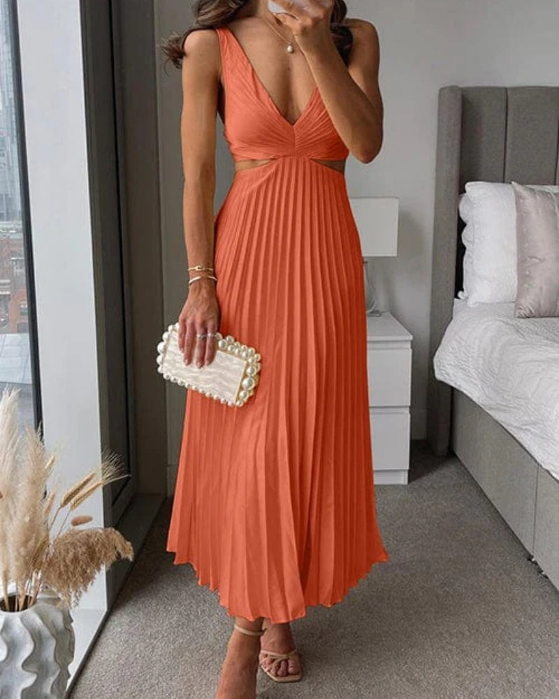 Women's V-Neck Cut-Out Pleated Midi Dress