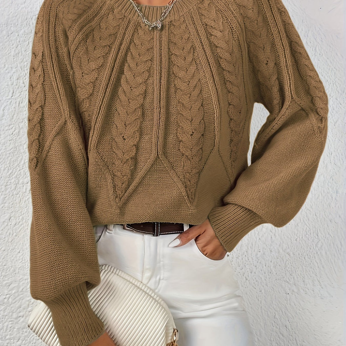 Women's Cable Knit Voluminous-Sleeve Pullover