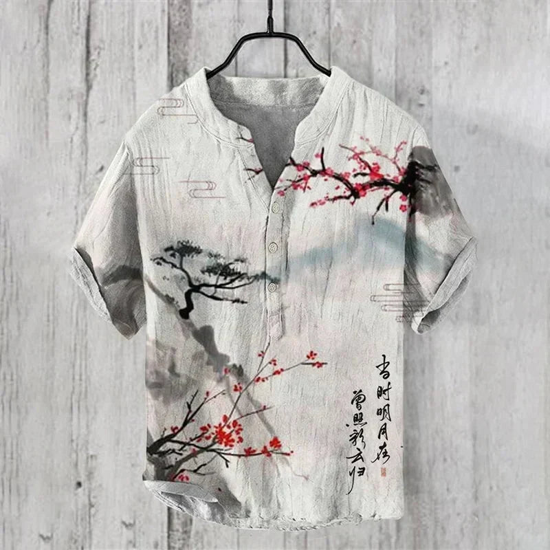 Men's Art Print Breathable Linen Blend Shirt