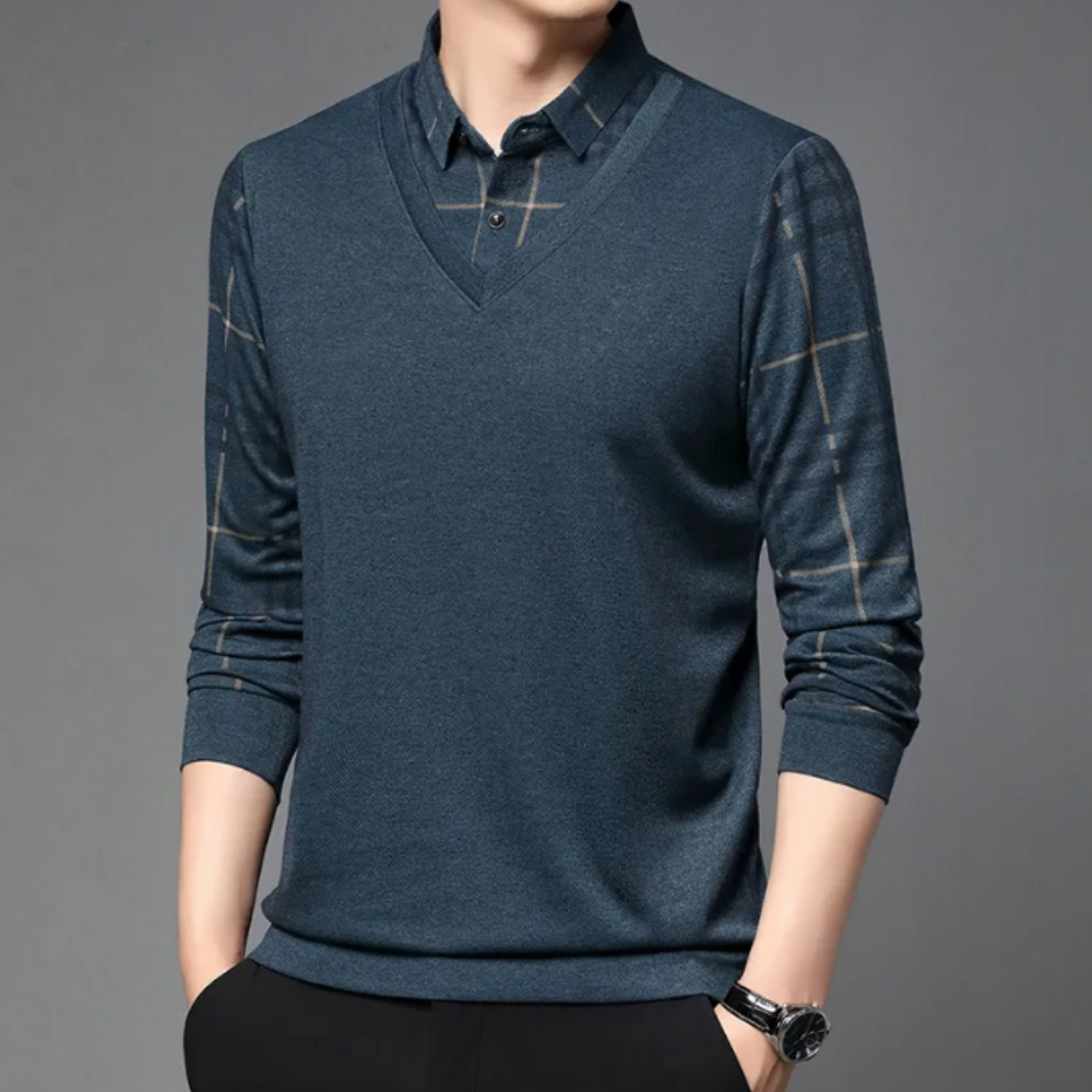 Men's Printed-Sleeve Layered V-Neck Pullover