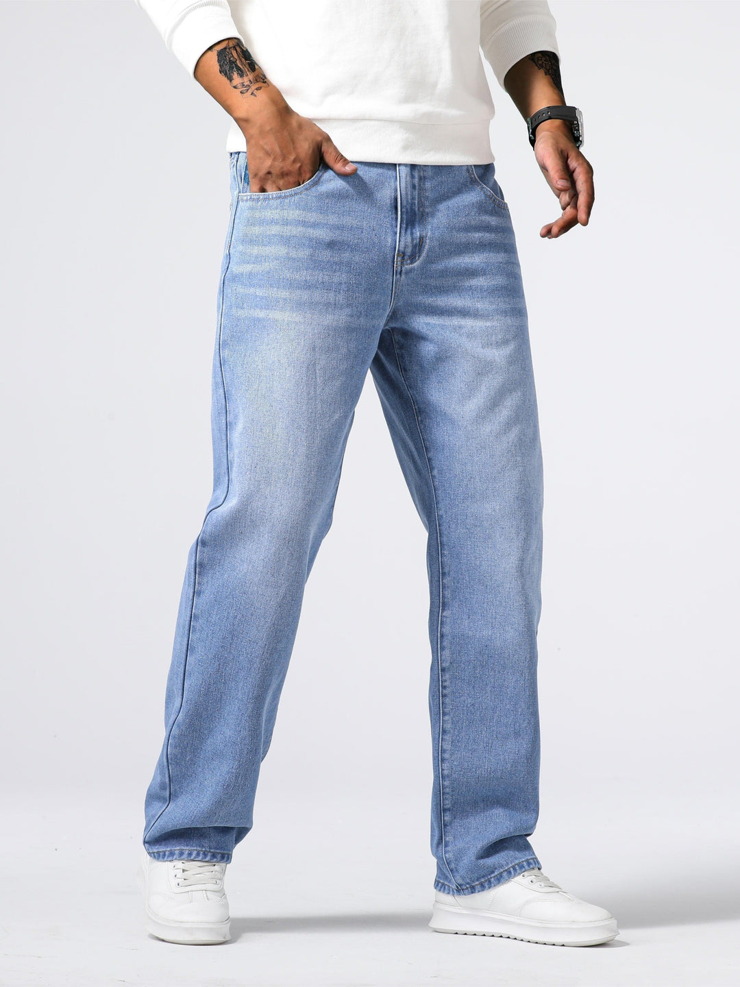 Men's Blue Washed Straight-Leg Denim Trousers