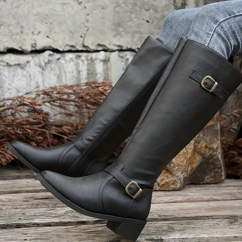 Women's Leather-Look Buckled Knee-High Boots