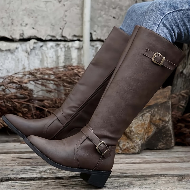 Women's Leather-Look Buckled Knee-High Boots